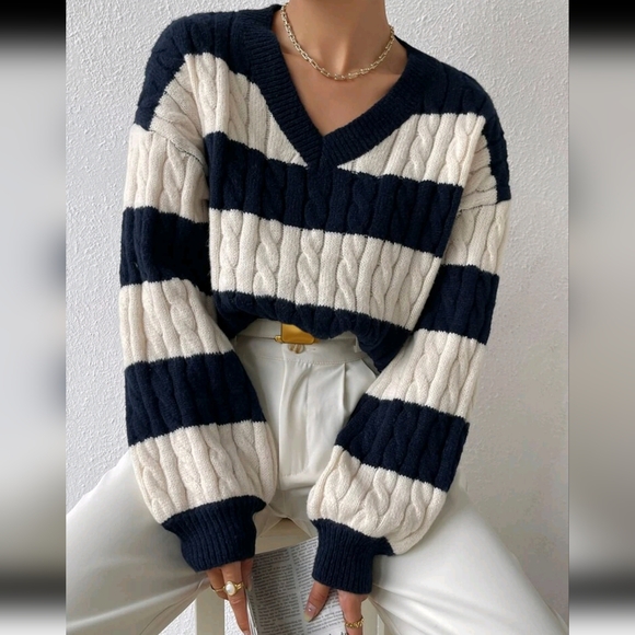 Sweaters - Two Tone Cable Knit Drop Shoulder Sweater